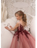 Blush Pink And Maroon Lace Tulle Corset V Back Flower Girl Dress